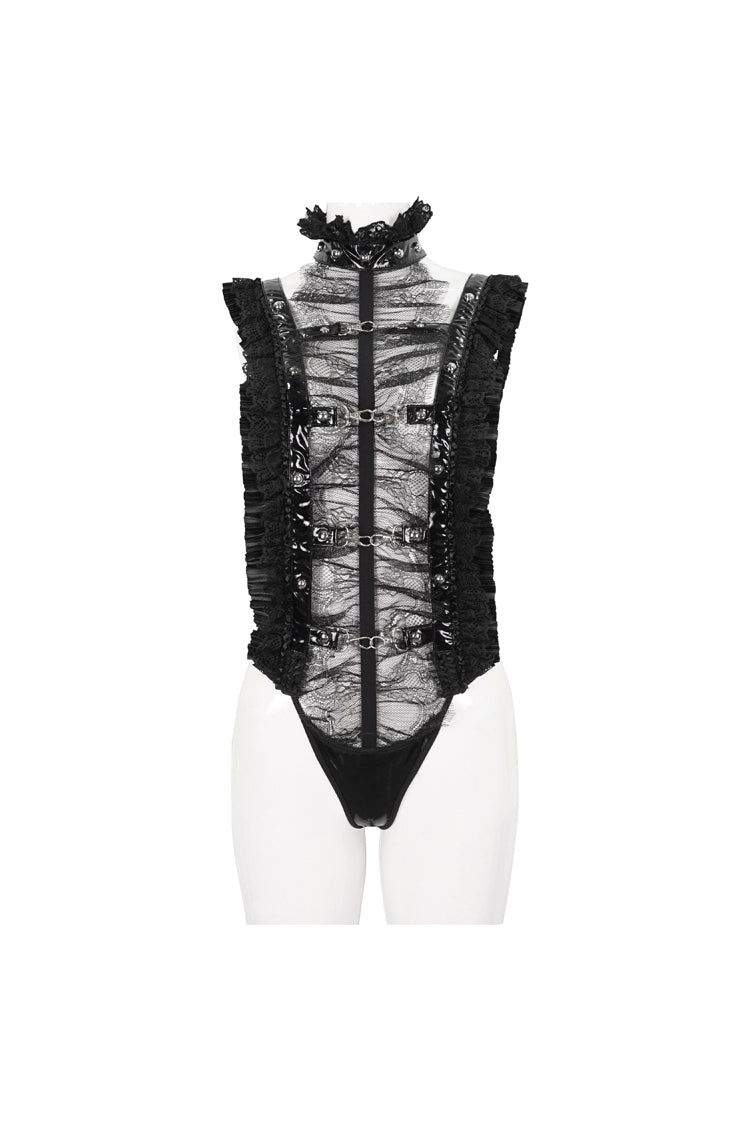 Black Stretch Patent Leather Cutout Lace Ruffle Button Women's Gothic Bodysuit