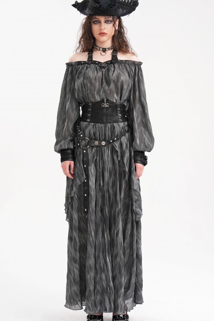 Graue Neckholder-Bluse mit Schnalle und langen Ärmeln für Damen im Gothic-Stil