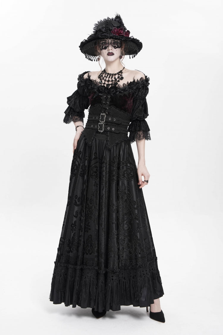 Black Jacquard Embroidery Buckle Tassels Women's Gothic Long Skirt