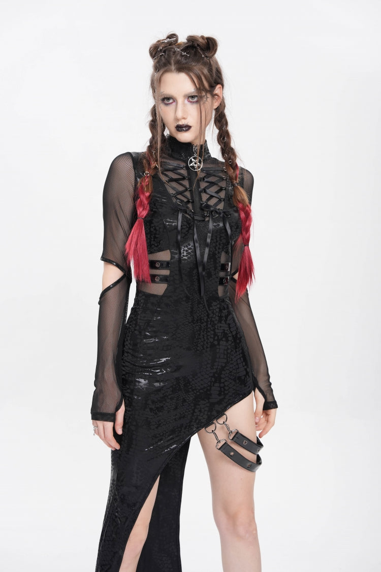 Black Stand Collar Long Sleeves Stitching Lace-Up Mesh Women's Punk Dress with Detachable Strap