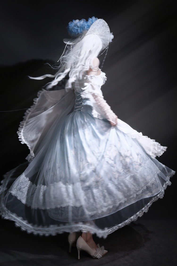 Blue [Snow Lily] Print Ruffle Hanayome Embroidery Bowknot Lace-Up Sweet Elegant Princess Lolita Skirt Set