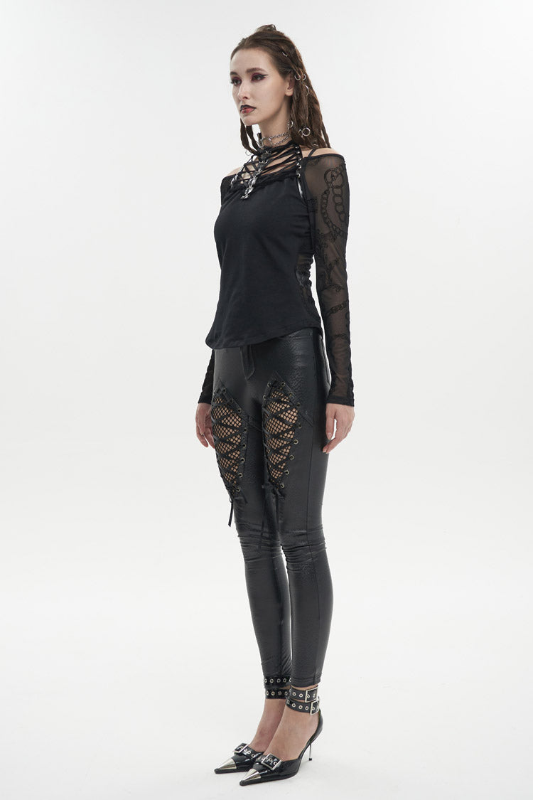 Schwarzes, schulterfreies Punk-T-Shirt für Damen mit Stretch-Stricknähten, beflocktem Aufdruck, Kragen und Bindeseil