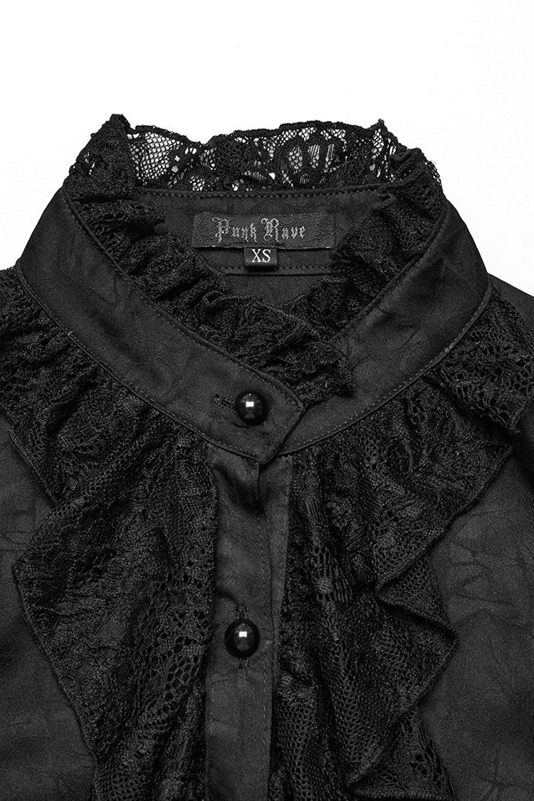 Schwarze Stehkragenspitze Lange Ärmel Rüschen Hohl Damen Gothic Bluse