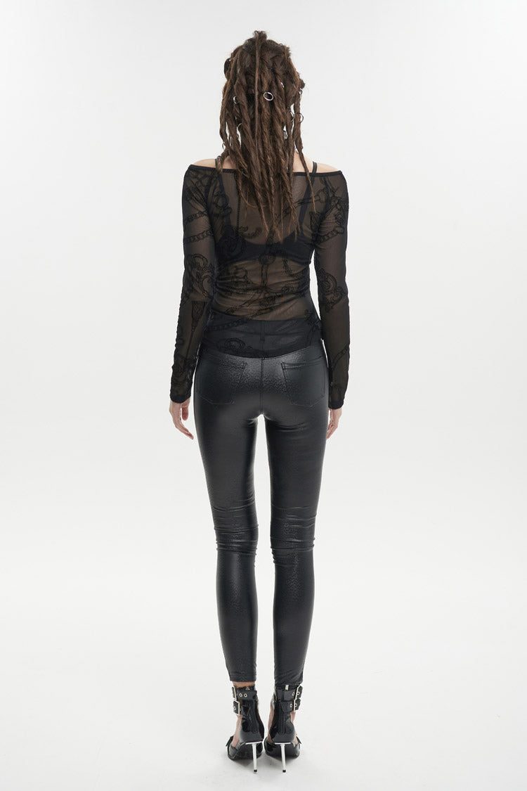 Schwarzes, schulterfreies Punk-T-Shirt für Damen mit Stretch-Stricknähten, beflocktem Aufdruck, Kragen und Bindeseil