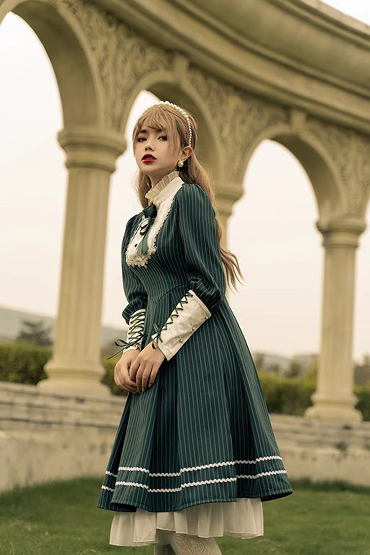 British Girl Long Sleeves Striped Print Ruffle Sweet Elegant Lolita Dress 2 Colors
