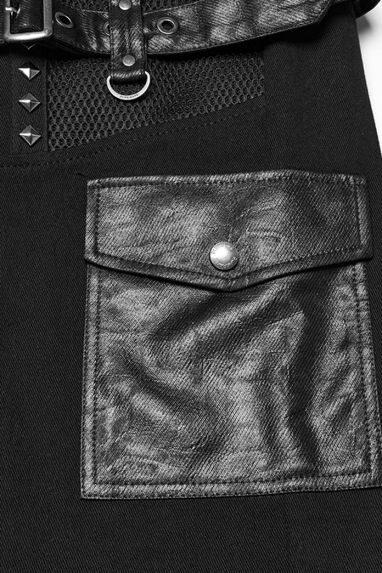 Black Stitching Mesh Buckle Straps Studded Men's Punk Pants