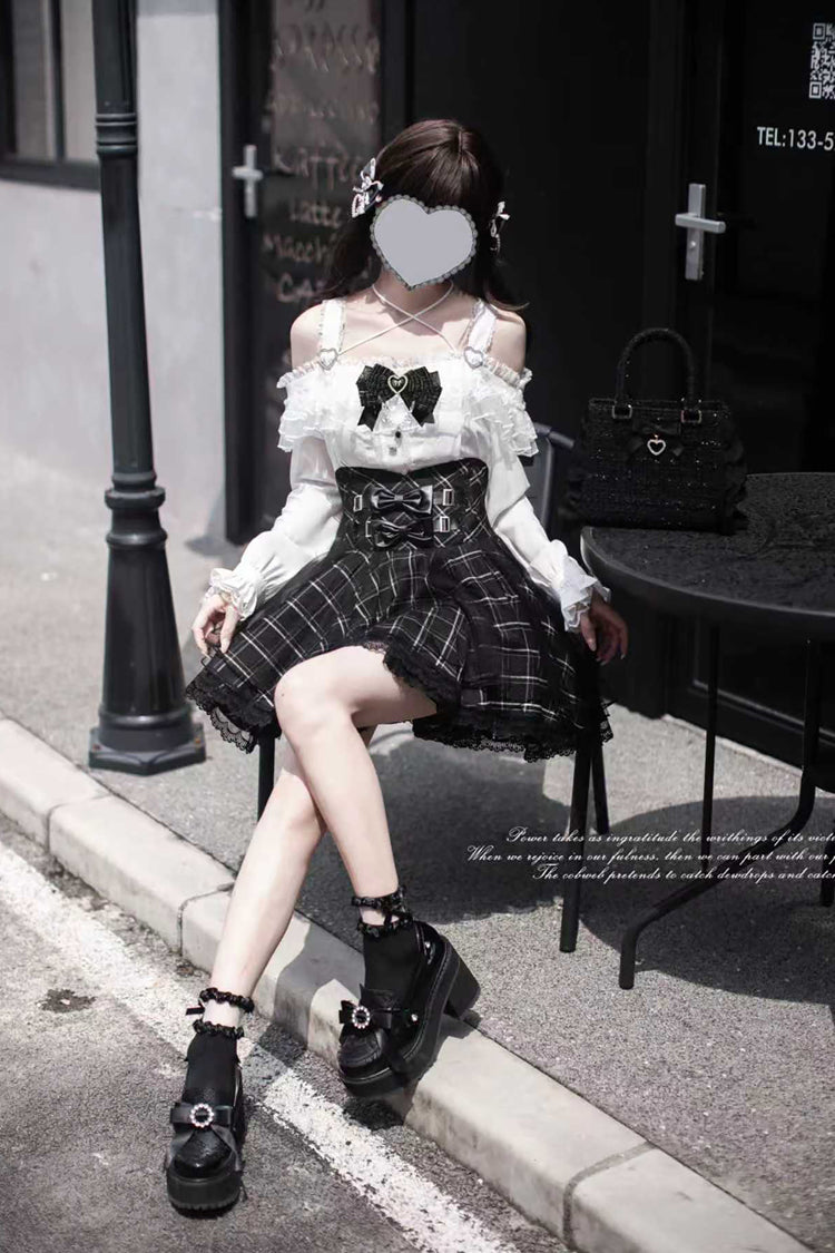 Black Plaid Print Bowknot Sweet Jirai Kei Japanese Skirt