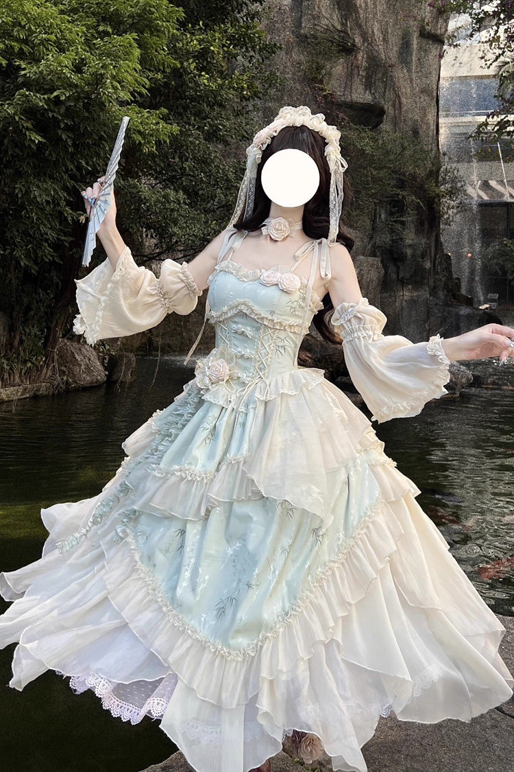 Green [Tea Bamboo Song] Sleeveless Print Ruffle Bowknot Sweet Chinese Style Elegant Ballet Lolita Jsk Long Dress