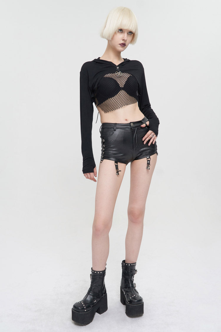 Black Faux Leather Pentagram With Stockings Women's Punk Shorts