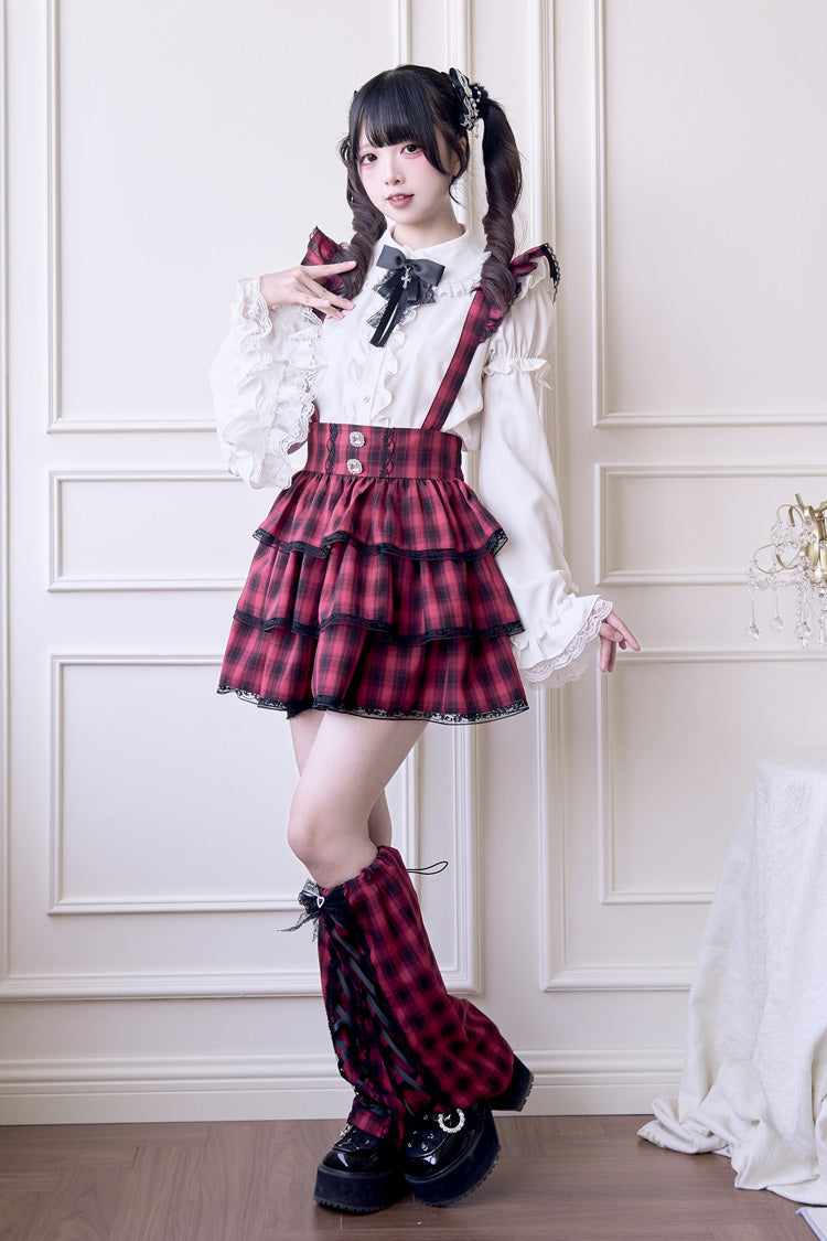 Red Triple-Layered Plaid Print Ruffle Gothic Jirai Kei Japanese Strap Dress