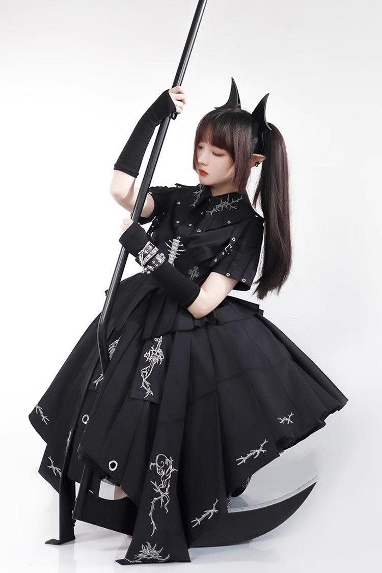 Schwarzes, kurzärmliges Lolita-Kleid mit Print im Gothic-Stil von Travelling Thorns