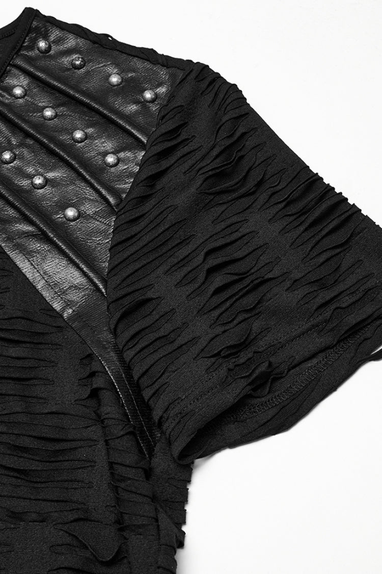 Black Short Sleeves Jacquard Faux Leather Stitching Ripped Rivet Men's Punk T-Shirt
