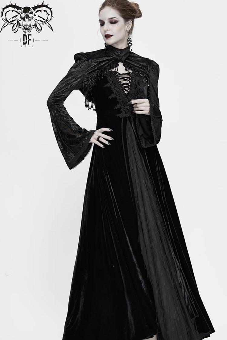 Schwarzer Spitzensamt-Blasen-Trompetenärmel-Gothic-Schal für Damen