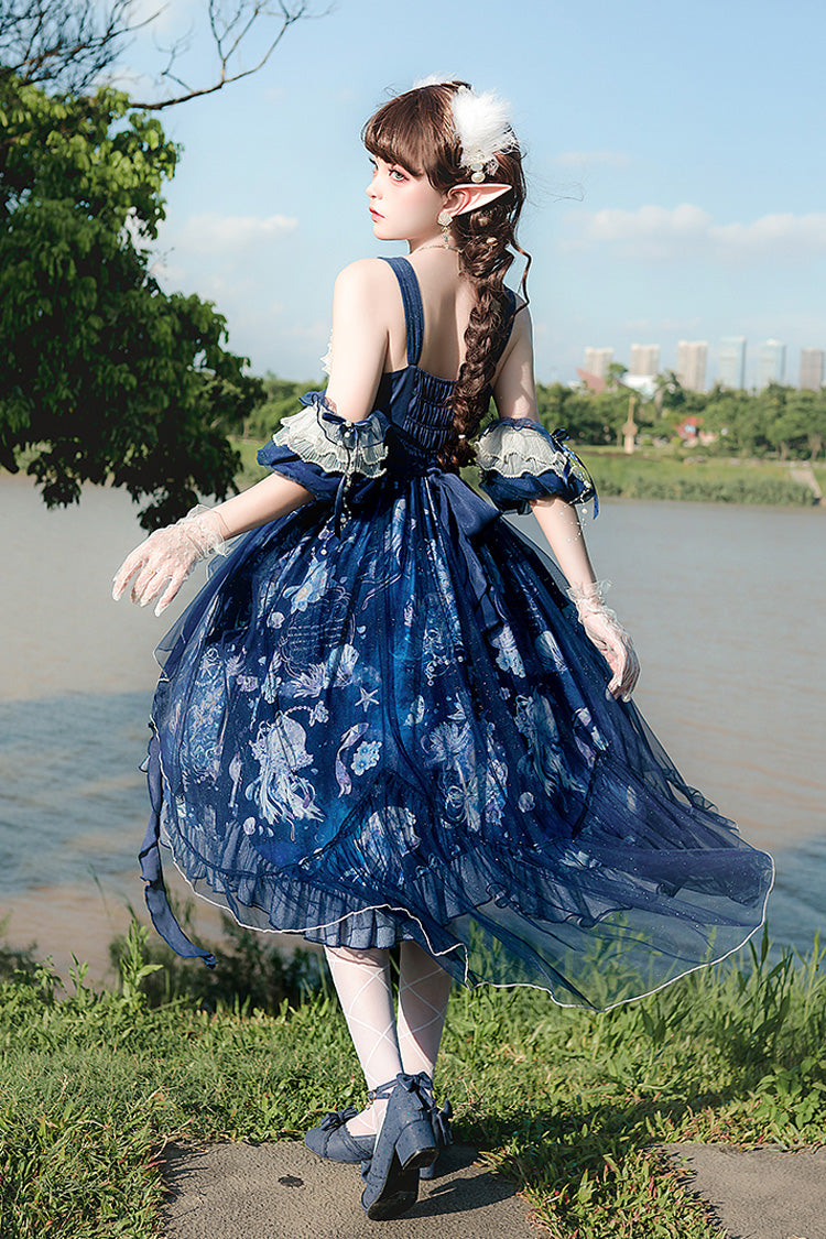 Blaues [Tiefseequallen] Print Rüschenspitze Süßes Elegantes Lolita Jsk Kleid
