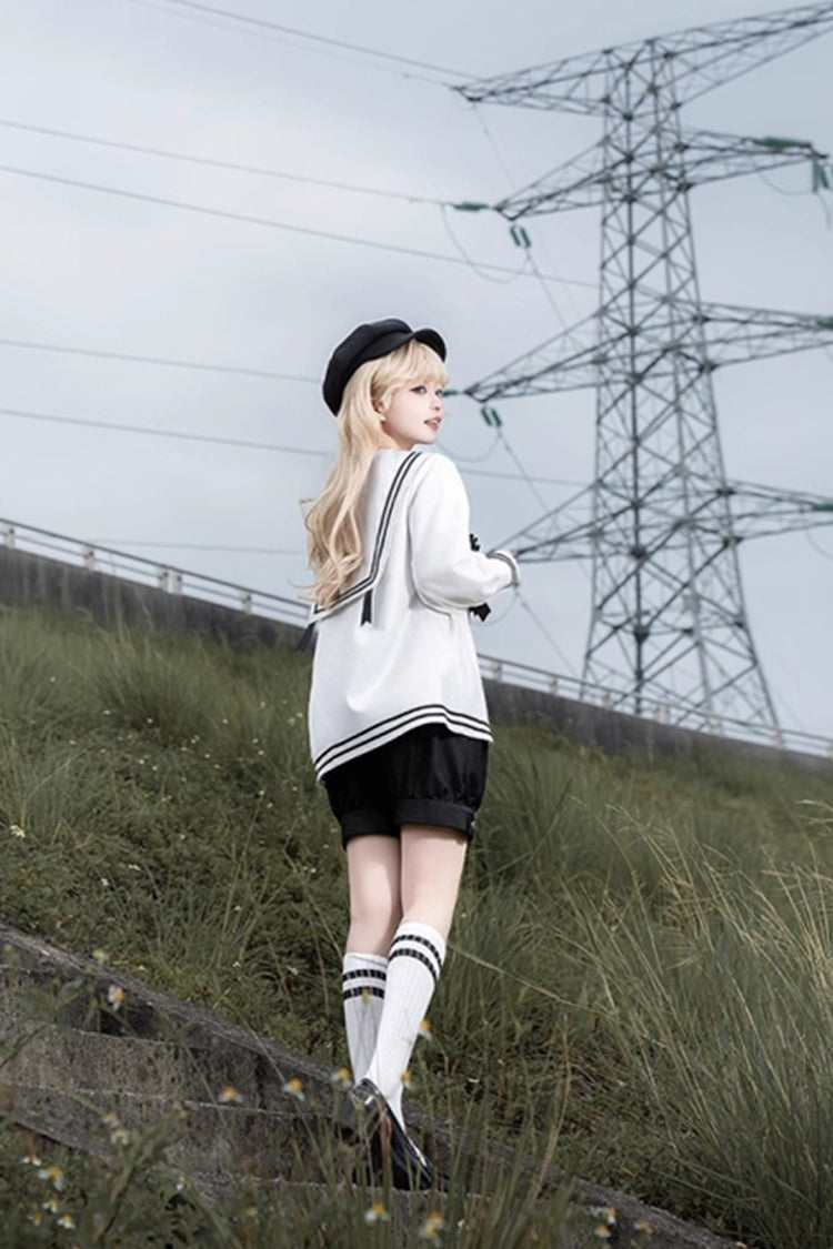 Black/White [Old Stories] Navy Collar Long Sleeves Bowknot Ouji Gothic Lolita Blouse Shorts Set