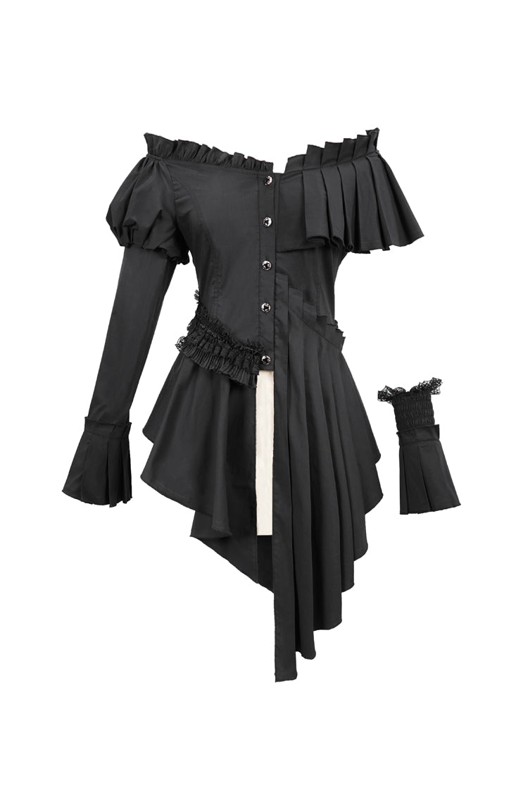 Black Off Shoulder Front Chest Frill Irregular Hem Women's Gothic Blouse