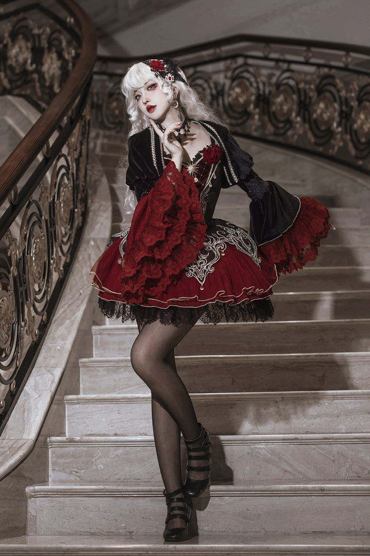 Schwarz/Rot [Blutclan-Fest] Rüschenstickerei Spitze Gothic Lolita Jsk Kleid Set 