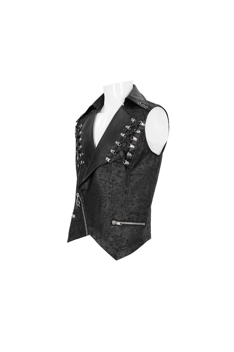 Black Lapel Fitted Atomized Crack Front Chest Crossover Rope Men's Punk Vest