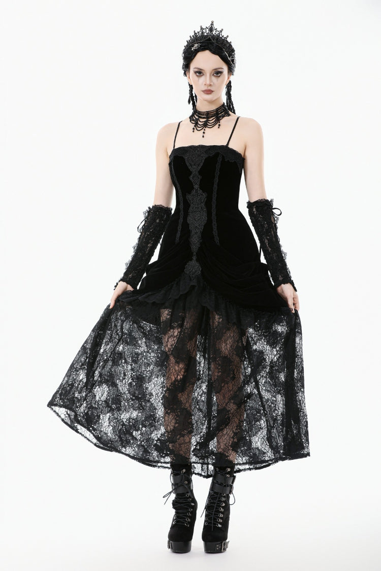 Black Women's Gothic Embroidered Lace Hem Ruched Slip Wedding Dress