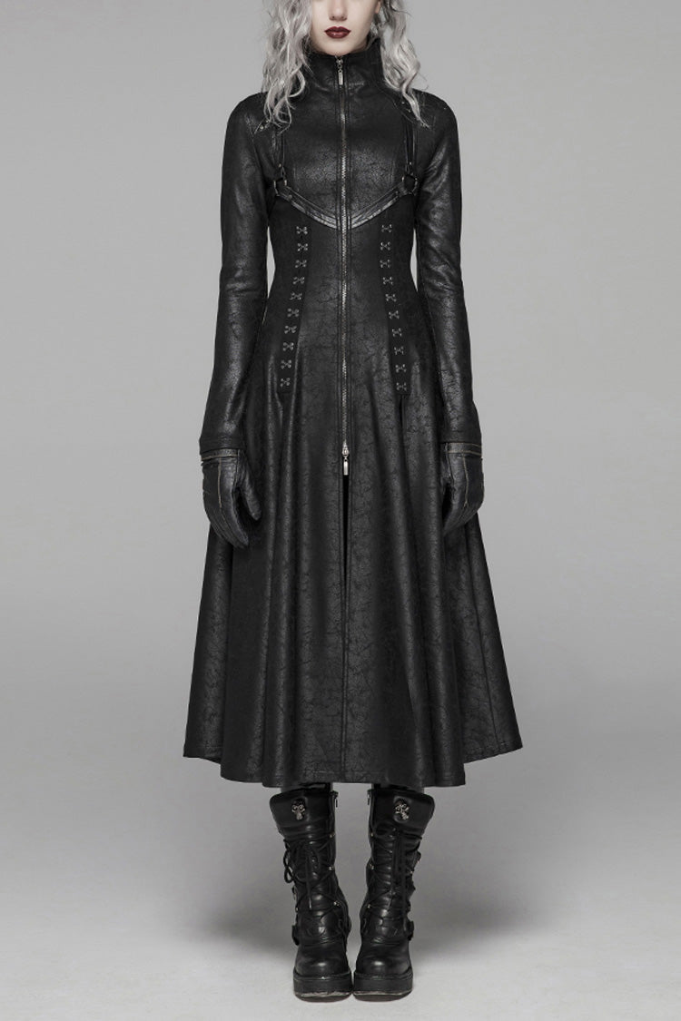 Black Stand Collar Long Sleeves Metal Ring Woven Strap Womens Gothic Long Coat