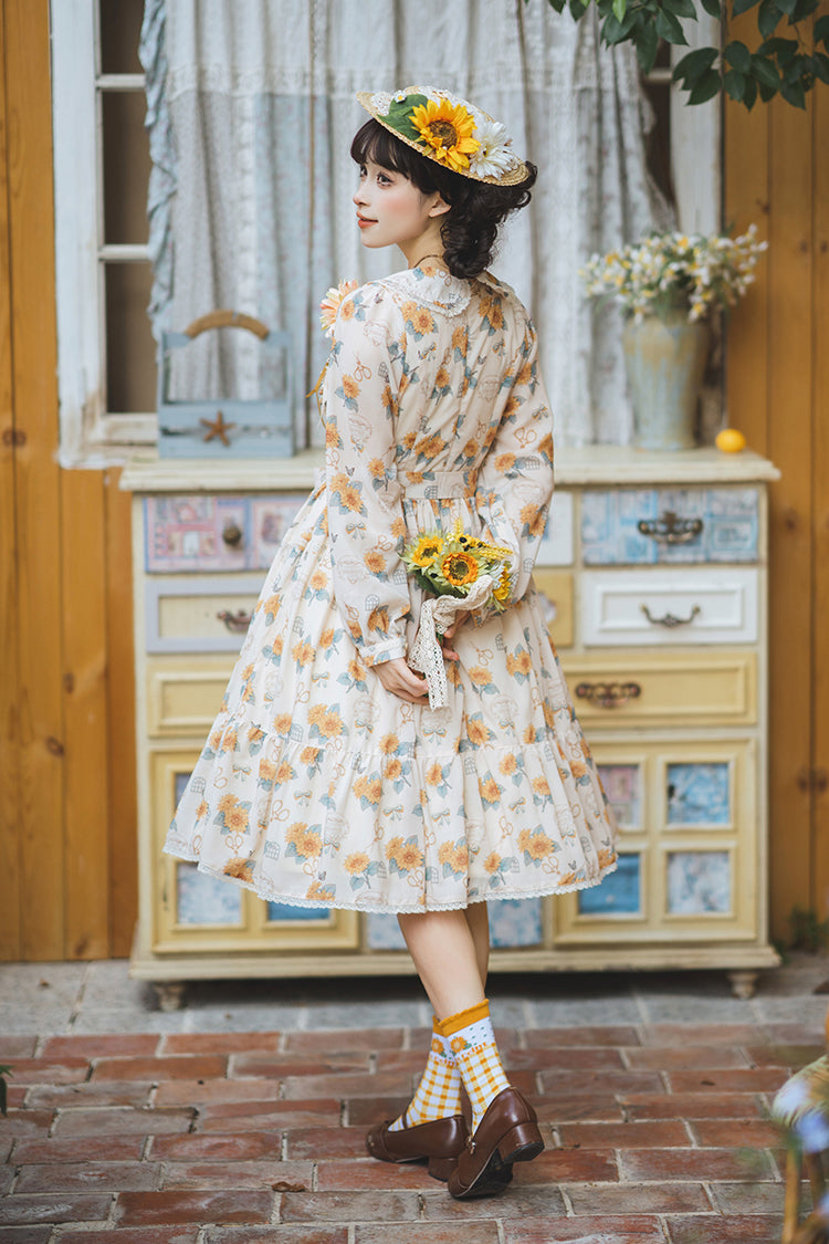 Apricot [Gardening Sunflower] Long Sleeves Print Ruffle Bowknot Sweet Elegant Lolita Dress