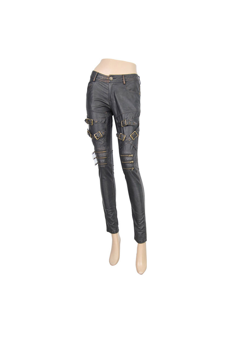 Black/Bronze Metal Zipper Decoration Metal Buckle Leather Leg Loop Leather Women's Punk Pants