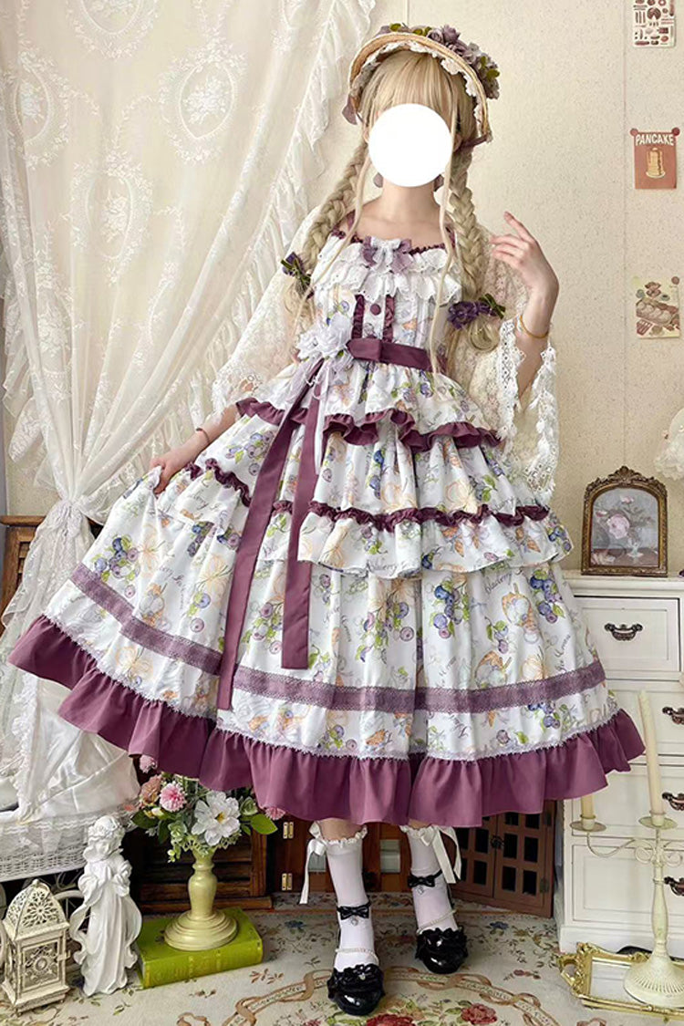 [Blueberry Early Summer] Sleeveless Triple-Layered Print Ruffle Bowknot Lace Sweet Lolita Jsk Dress 2 Colors