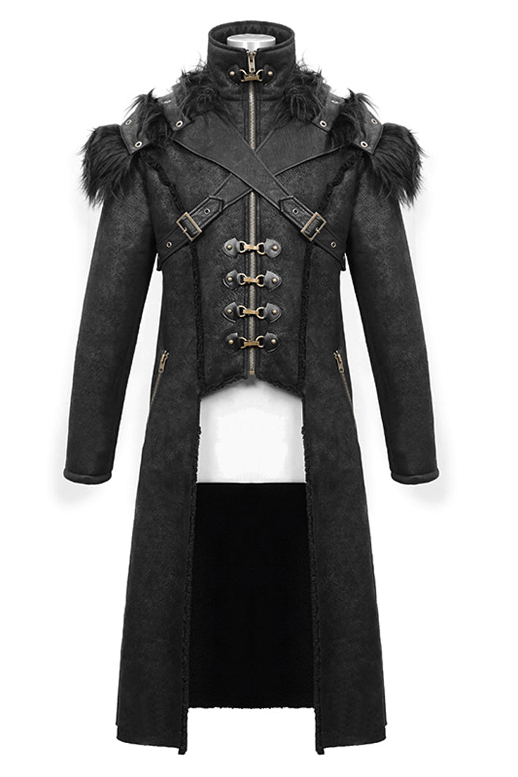 Black Stand Up Collar Shoulder Fur Cape Front Metal Hasp Chest Loops Long Fur Men's Punk Coat