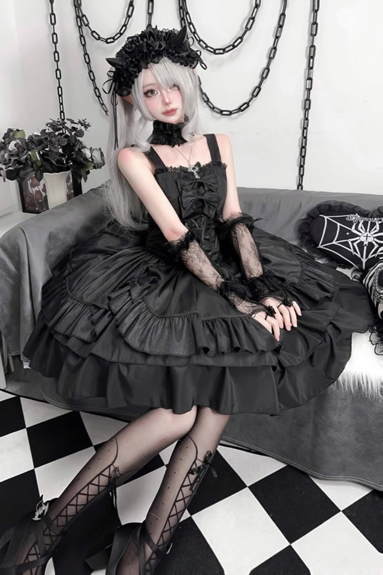 Black [Butterfly Officer] Triple-Layered Ruffle Bowknot Lace-Up Gothic Lolita Skirt Set