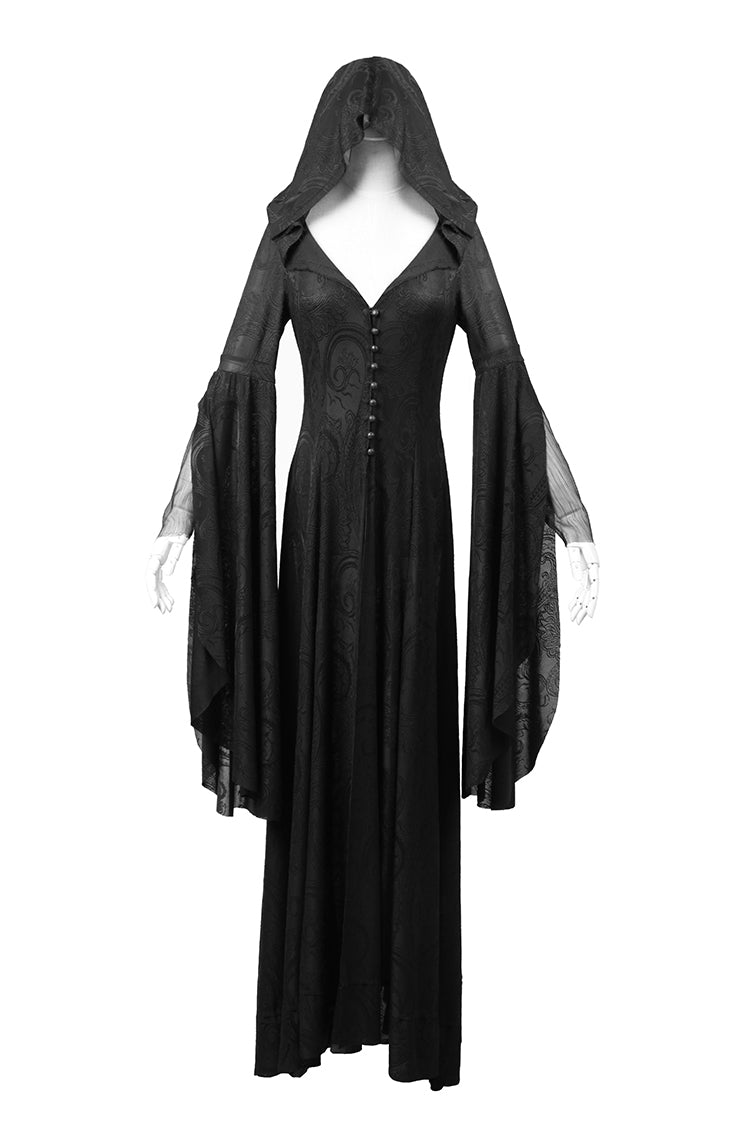 Black Hooded Metal Buckle Long Trumpet Sleeves Embroidery Womens Gothic Dress