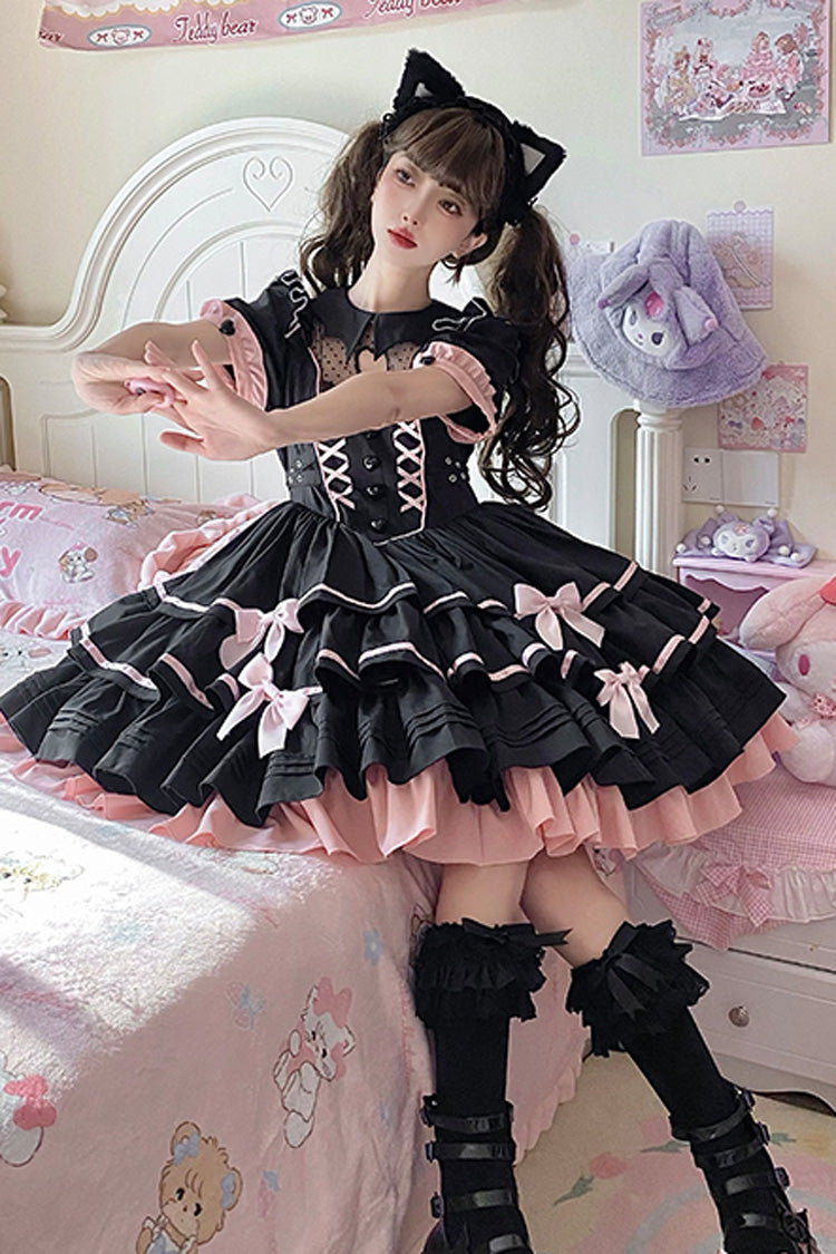 Black/Pink Short Sleeves Multi-layer Ruffle Bowknot Sweet Lolita Dress