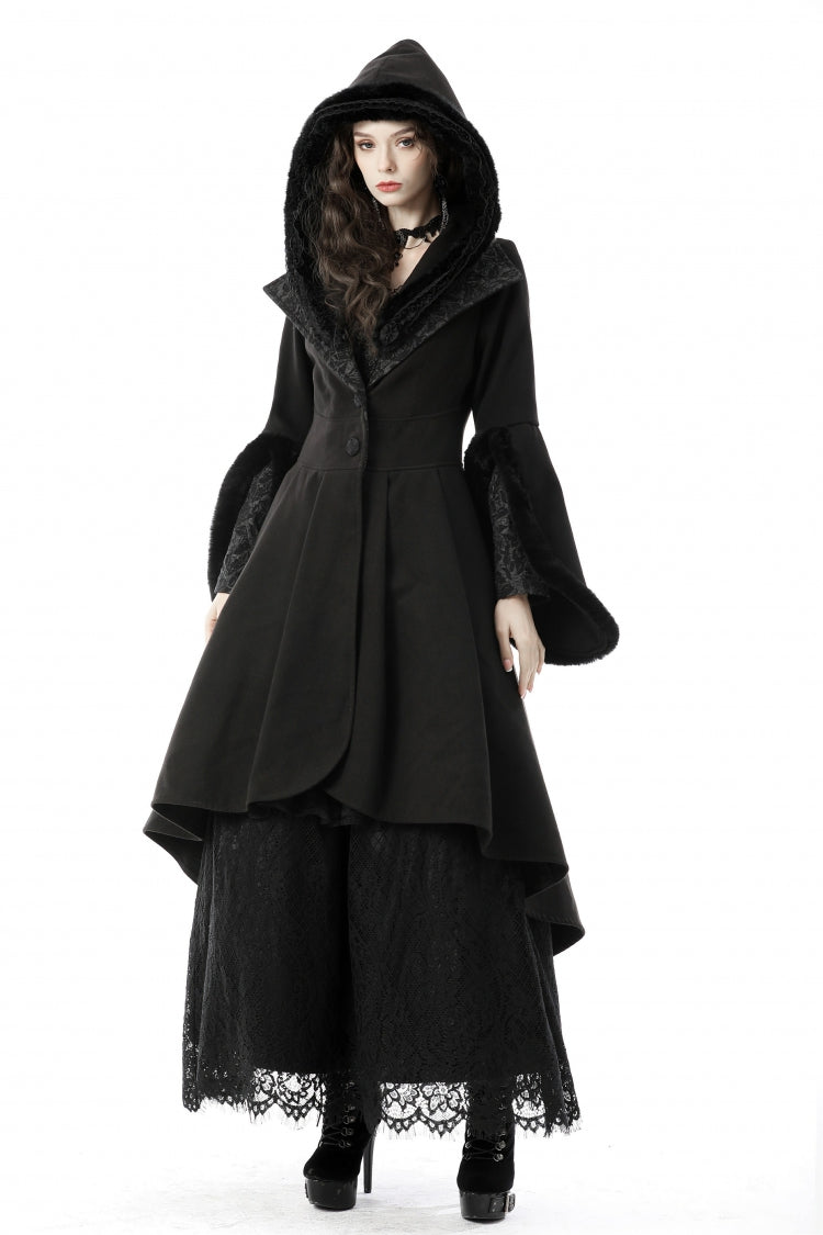 Manteau à queue d'aronde en laine gothique pour femmes, col à revers noir, manches longues, haut et bas, avec capuche