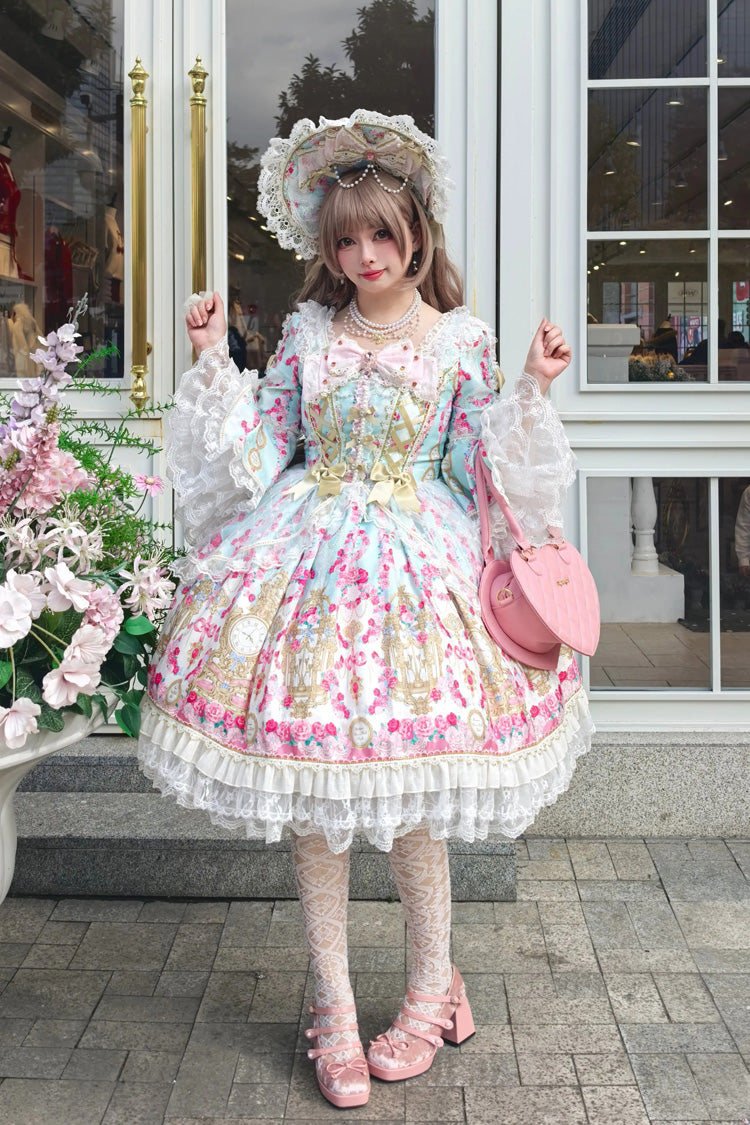 ミントグリーン/ピンク【ローズガーデンプレリュード】スクエアカラーロングトランペットスリーブプリントフリルリボンレースレースアップ甘ロリータドレス