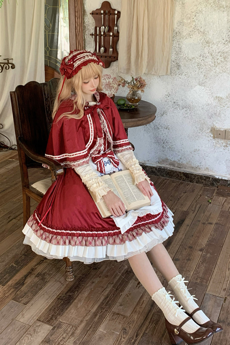Weinrotes [Rotkäppchen] Süßes Lolita Jsk-Kleid mit Rüschen und Schleife
