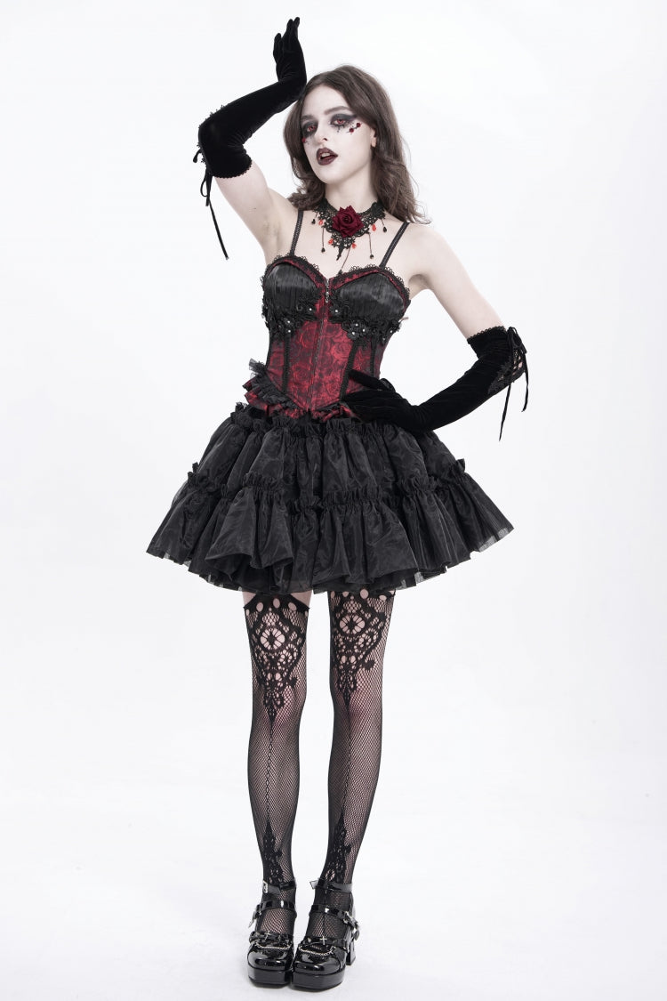Rotes ärmelloses Rüschenstickerei-Schnürung Damen Gothic Tank Top 