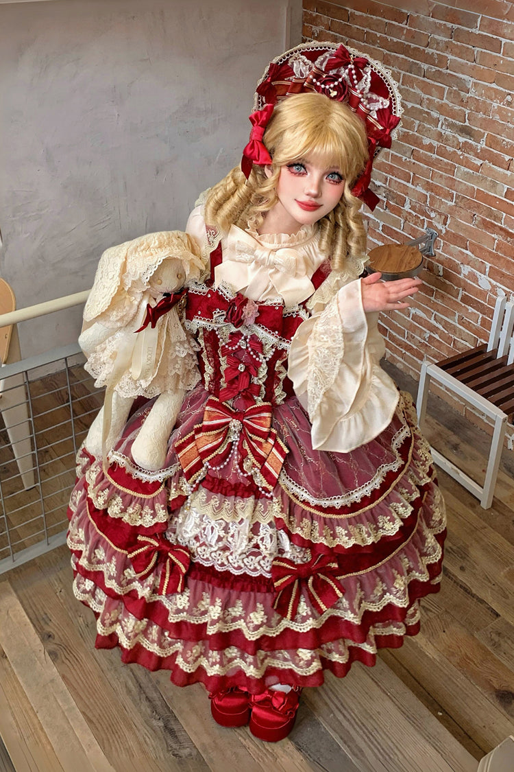 Red [Crown of Gems] Triple-Layered Ruffle Bowknot Lace Sweet Gorgeous Lolita Jsk Dress