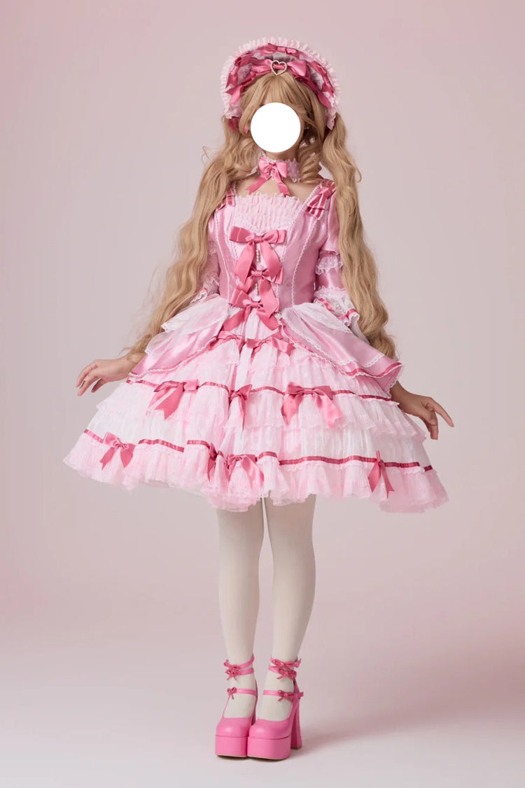 Pink [Velvet Cake] Long Trumpet Sleeves Multi-Layered Ruffle Bowknot Lace Sweet Lolita Dress