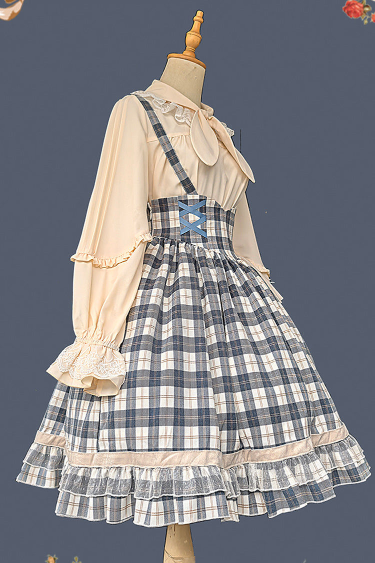Grey/Blue [Morning Tune] Sleeveless High Waisted Print Ruffle Asymmetric Sweet Lolita Strap Dress