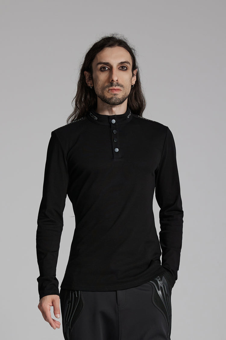 ブラック スタンドカラー 長袖 メンズ パンク ミリタリー Tシャツ