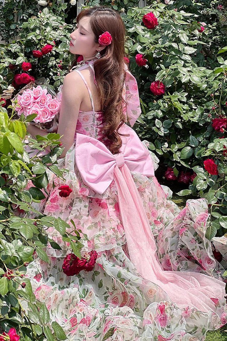 Pink Multi-Color Rose Print Sleeveless Sweet Lolita Strapless Dress