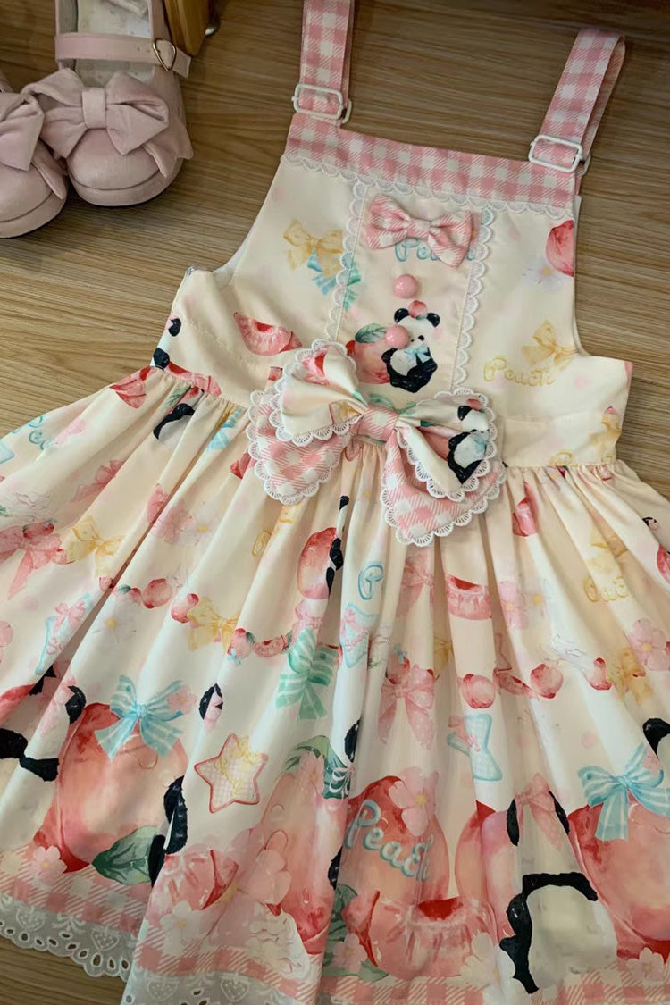 Panda Peach Print Bowknot Sweet Lolita Strap Dress 3 Colors