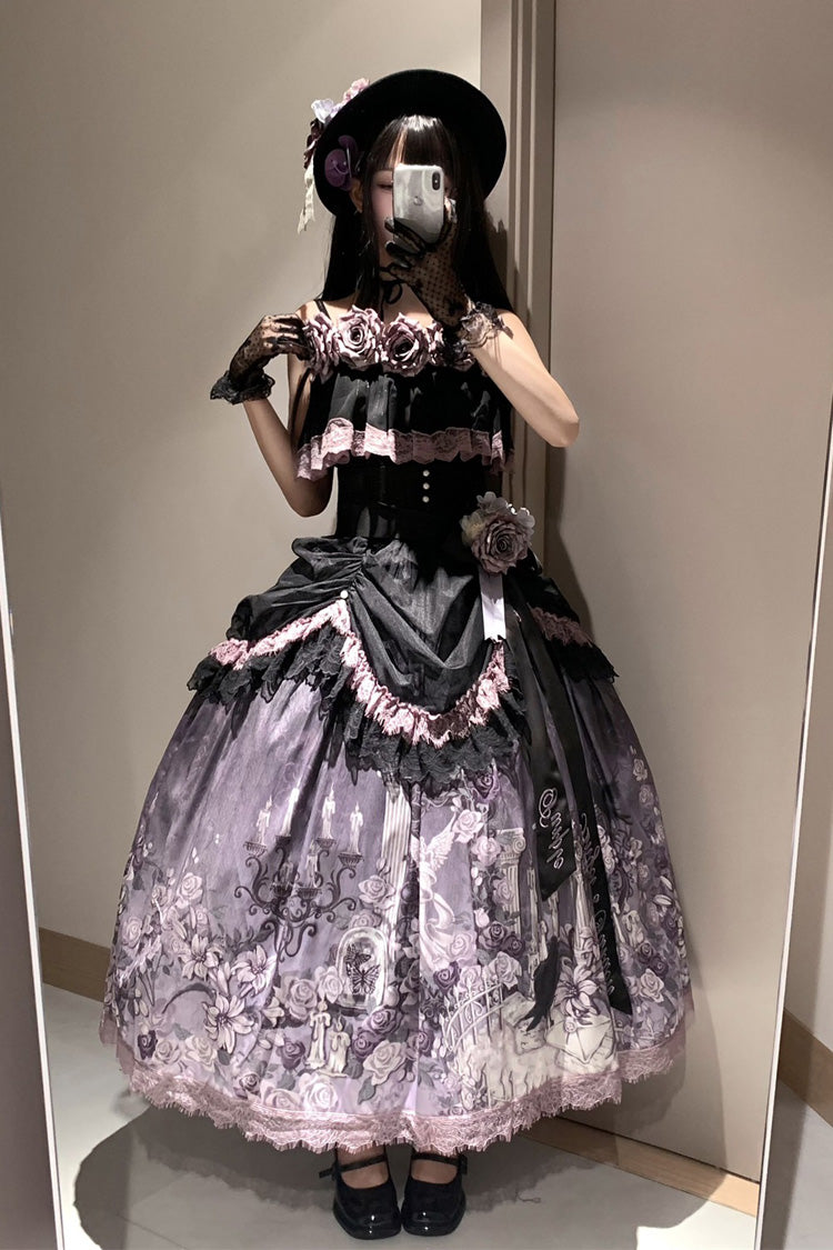 Black/Purple [Angel Garden] Sleeveless Print Ruffle Bowknot Lace Sweet Gothic Lolita Skirt Set