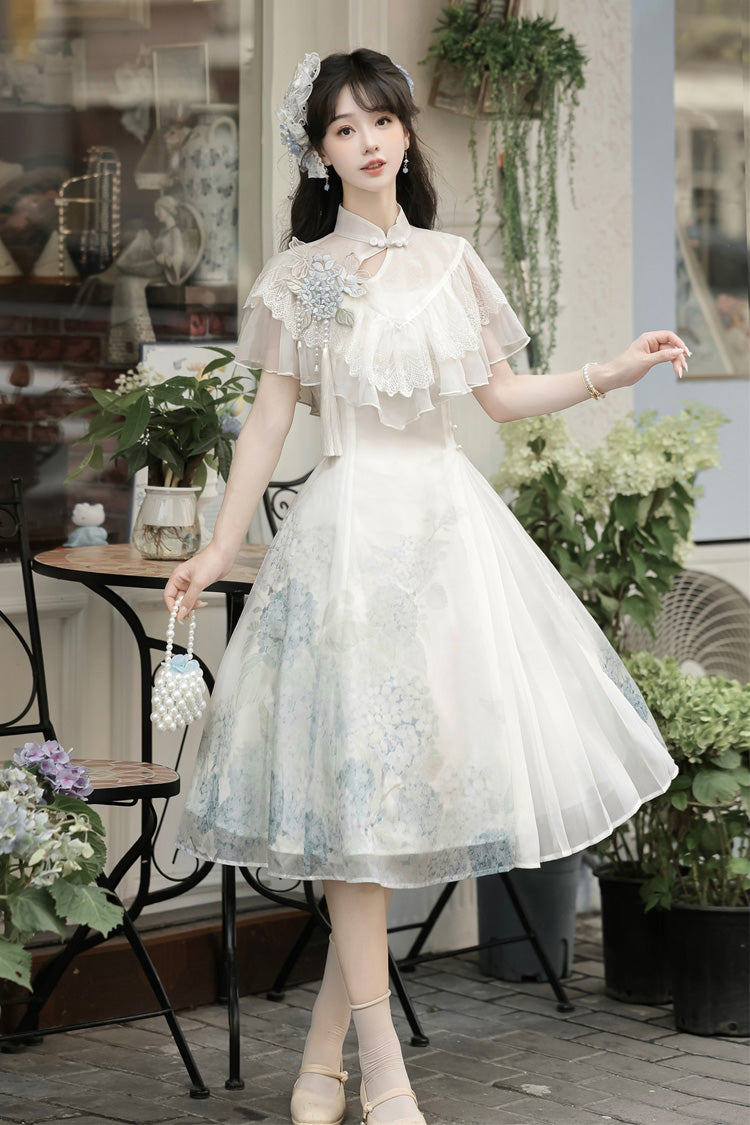 Blanc [Message Hydrangea] Manches courtes Imprimé Volant Dentelle Doux Style chinois Élégant Robe courte Lolita 