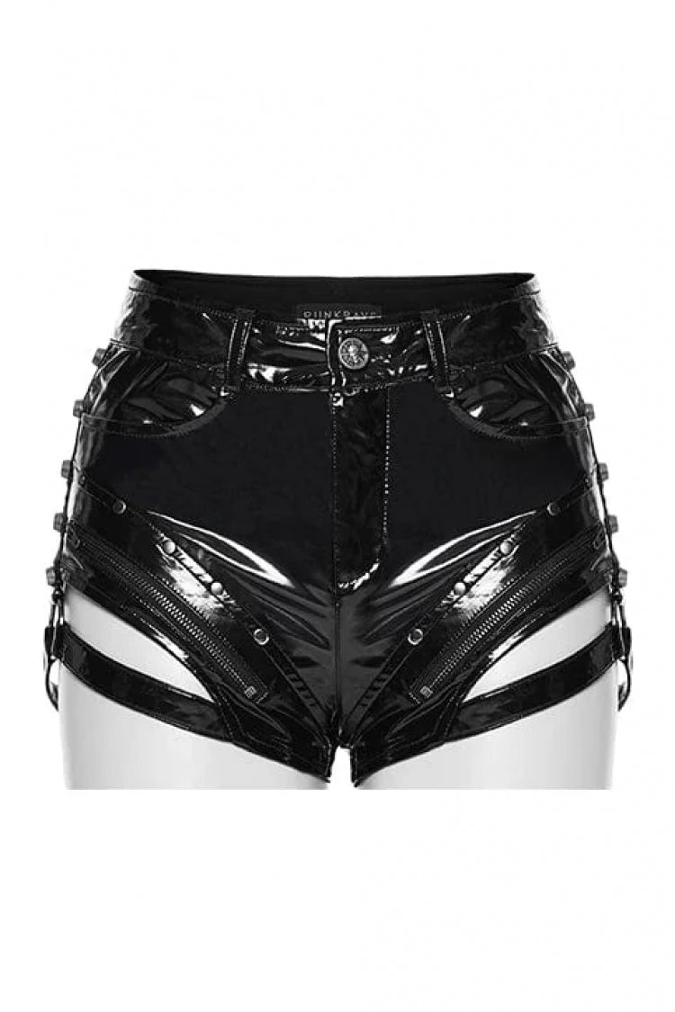 Black Cut-Out Studded Zippered Women's Punk Cool Shorts