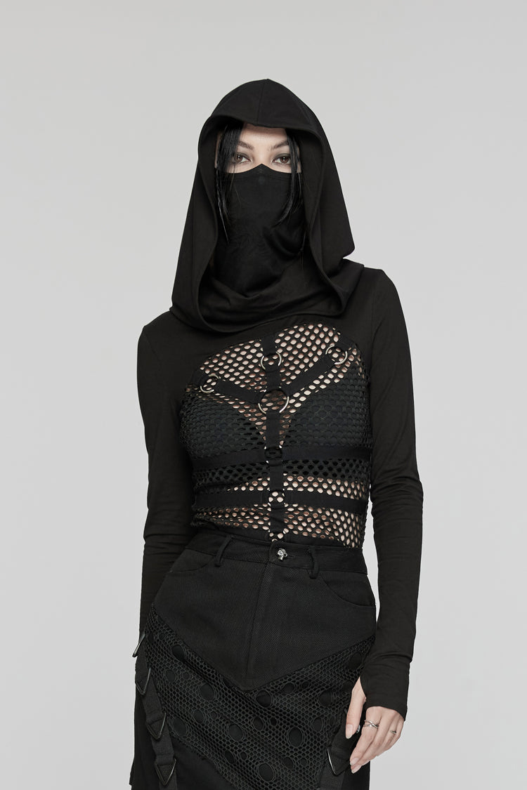 Schwarzes Punk-T-Shirt aus Netzstoff mit langen Ärmeln und Kapuze für Damen