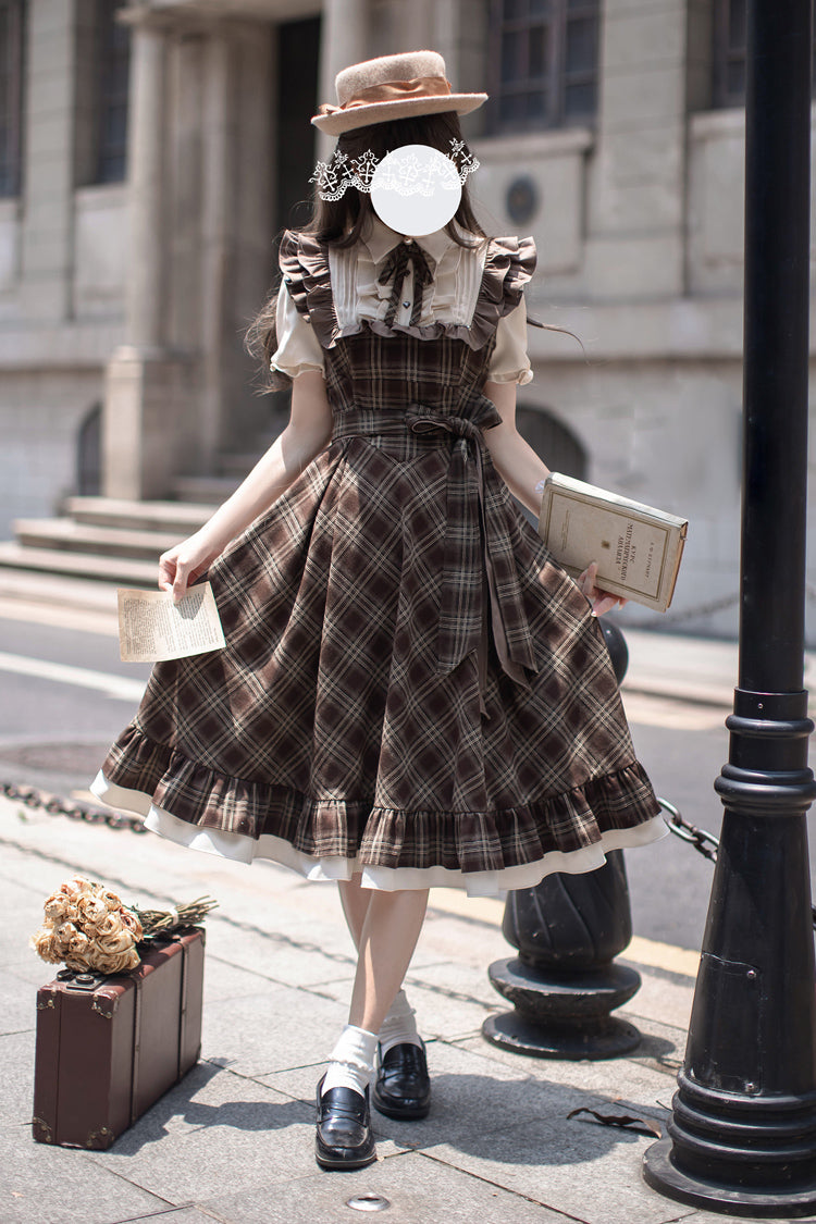 Brown [The Thames at Dusk] Print Short Sleeves Ruffle Bowknot Fake Two Pieces Vintage Lolita Dress
