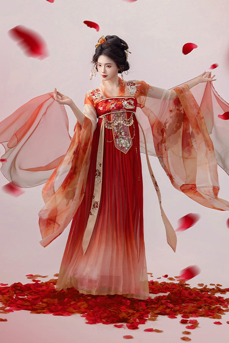 [저녁 빛] 긴 소매 하이 웨이스트 옹 브르 프린트 자수 여성 중국어 영감 우아한 고급스러운 로얄 Hanfu 세트
