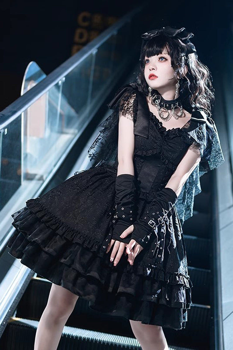 Black Lace Flying Sleeves Fish Bone Ruffle Gothic Lolita Dress