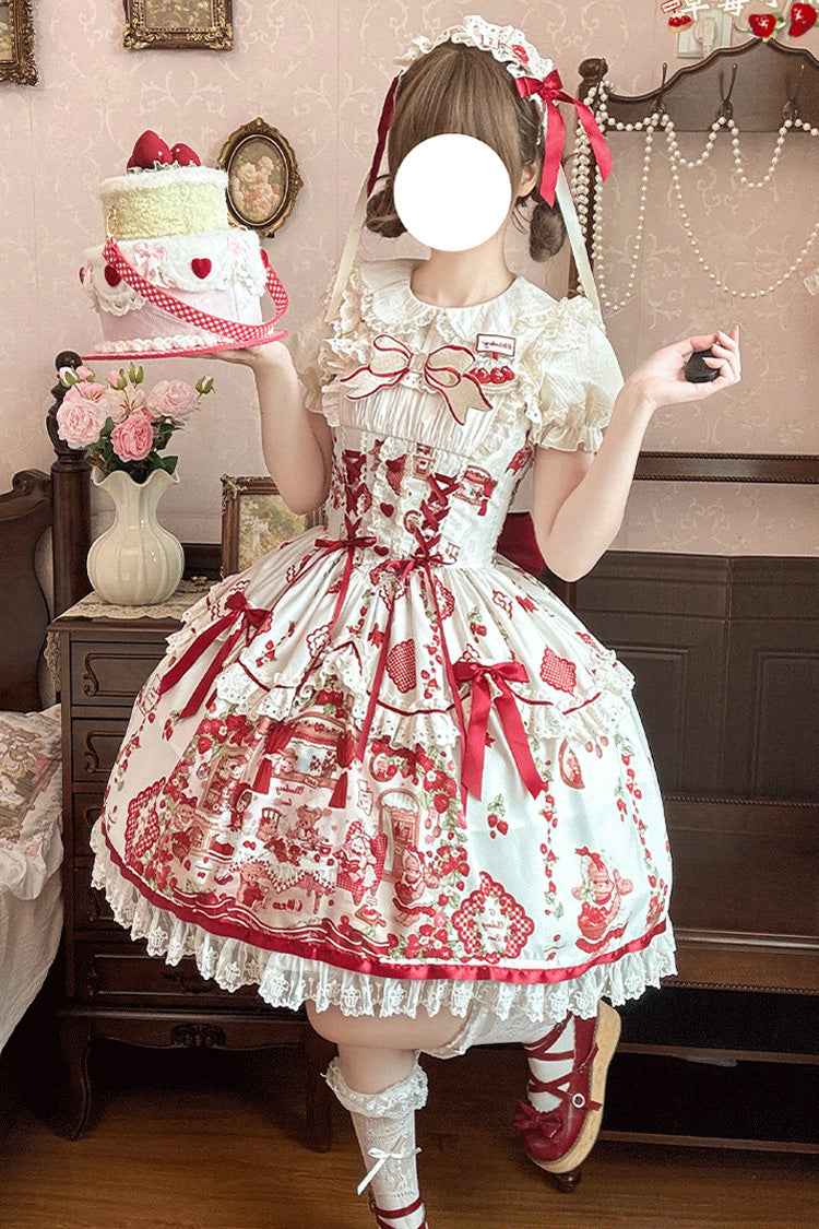 Ivory/Red [Strawberry Bear] Sleeveless Print Ruffle Embroidery Bowknot Lace Sweet Lolita Jsk Dress
