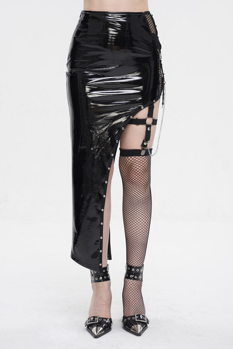 Black Irregular Patent Leather Women's Punk Skirt With Mesh Stocking